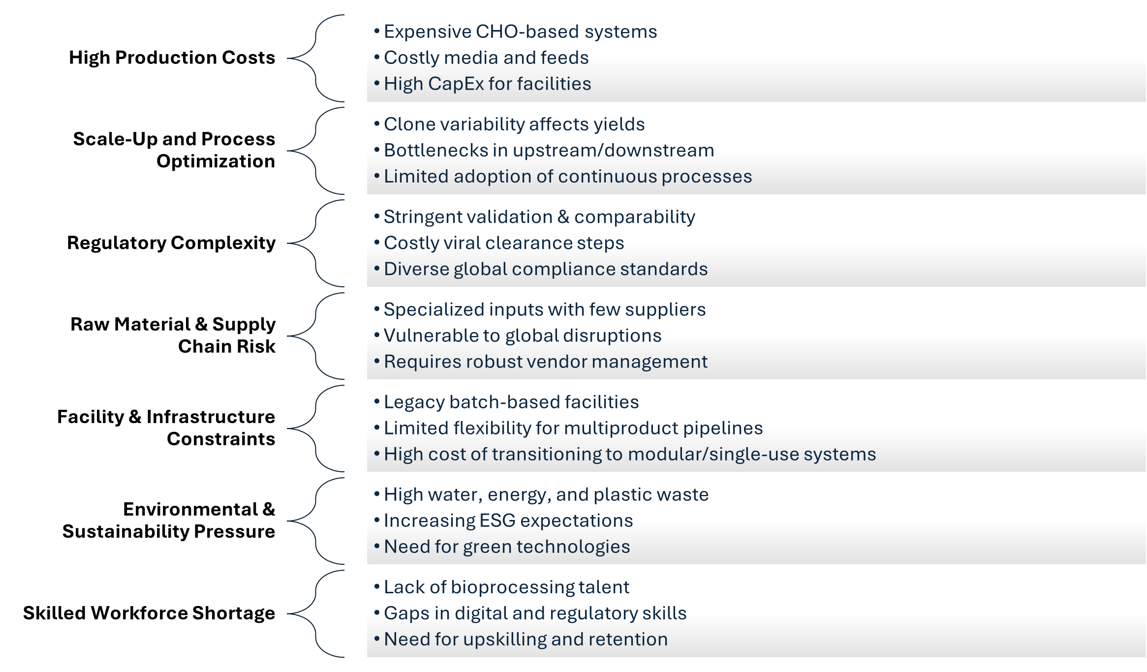 Challenges in mAb production including costs, regulation, and supply chain.