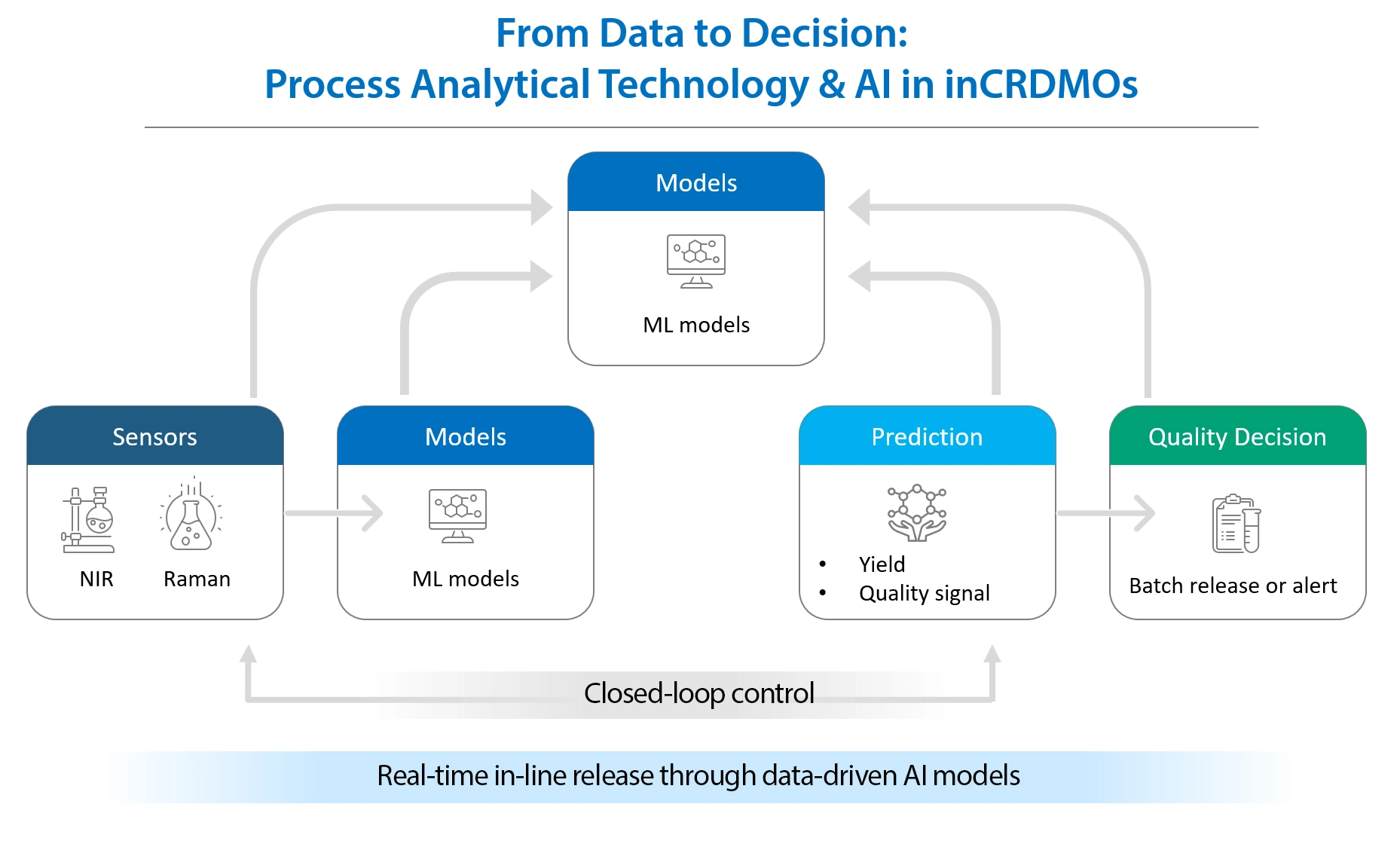Process analytical technology in CRDMOs showing closed-loop control where in-line NIR and Raman data feed AI models to support real-time quality and batch release decisions.