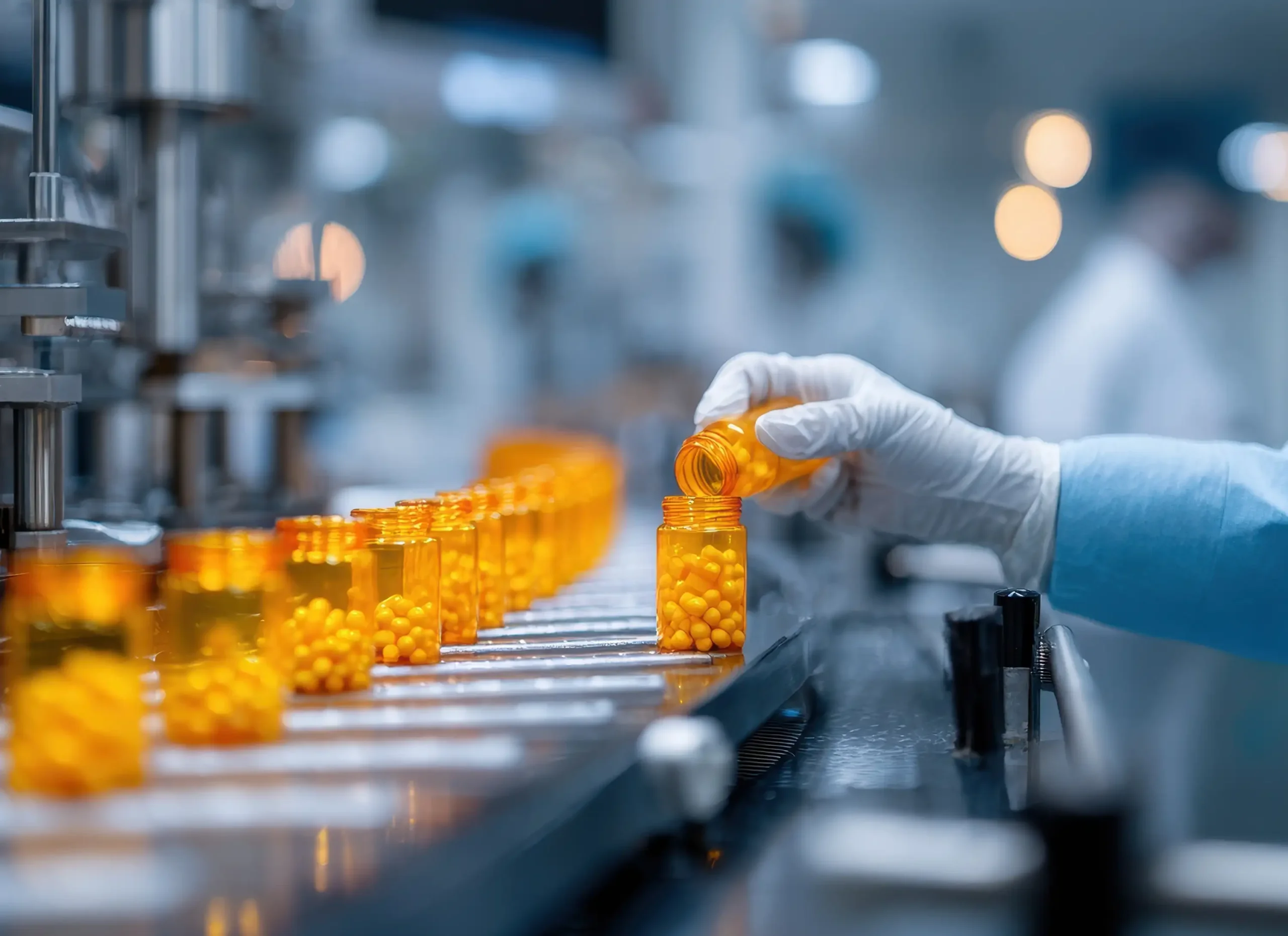 HPAPI pharma production line filling pill bottles.